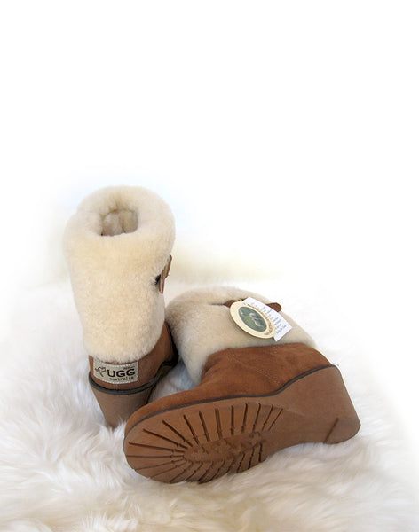 Wedge 8" UGG with buckle and sheepskin foldover Chestnut