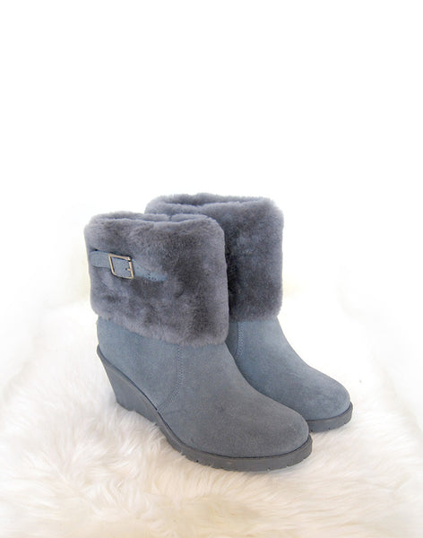Wedge 8" UGG with buckle and sheepskin foldover Blue